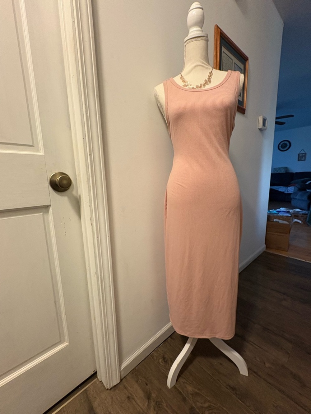 Sleeveless Ribbed Midi Dress in Blush Pink